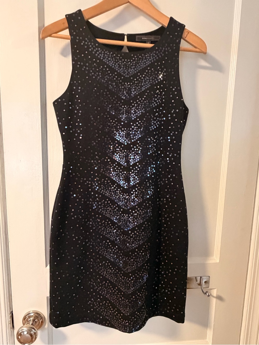 BCBGMaxAzria Black Sequin Sheath Mini Dress with Iridescent Accents